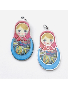 Подвеска Матрешка голубой микс эмалью, 20*35 мм, родий