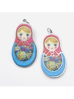 Подвеска Матрешка голубой микс эмалью, 20*35 мм, родий
