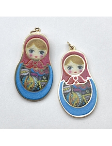 Подвеска Матрешка голубой микс эмалью, 20*35 мм, позолота