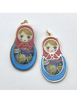 Подвеска Матрешка голубой микс эмалью, 20*35 мм, позолота