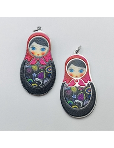 Подвеска Матрешка с черной микс эмалью, 20*35 мм, родий