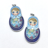 Подвеска Матрешка сине-голубой микс эмалью, 20*35 мм, родий