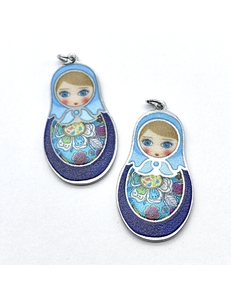 Подвеска Матрешка сине-голубой микс эмалью, 20*35 мм, родий