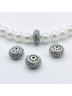 Бусина рондель с фианитами, 9*5 мм, родий, шт