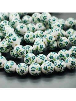 Бусина шар из керамики, зеленый букет, 8 мм, шт
