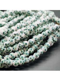 Бусина шар из керамики, зеленый букет, 6 мм, нитка