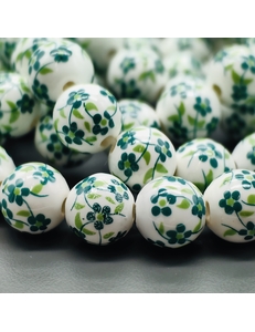 Бусина шар из керамики, зеленый букет, 10 мм, шт
