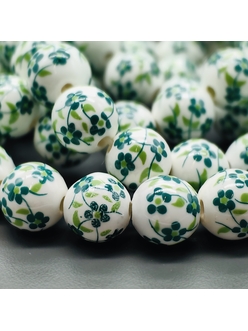 Бусина шар из керамики, зеленый букет, 12 мм, шт