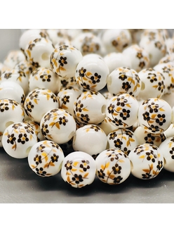 Бусина шар из керамики, коричневый букет, 10 мм, шт