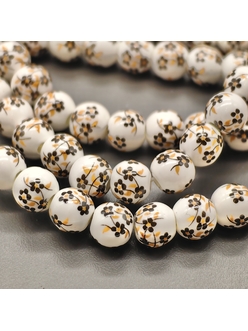 Бусина шар из керамики, коричневый букет, 8 мм, шт