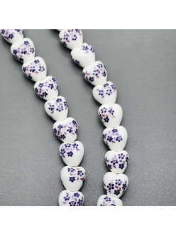 Бусина Сердце из керамики, фиолетовый букет, 12.5*12.2 мм, шт