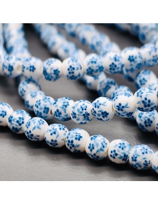 Бусина шар из керамики, голубой букет, 6 мм, нитка
