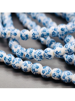 Бусина шар из керамики, голубой букет, 6 мм, нитка