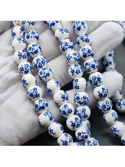 Бусина шар из керамики, синий букет, 10 мм, шт