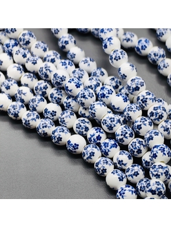 Бусина шар из керамики, синий букет, 8 мм, шт