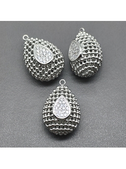 Подвеска 3D Капля с фианитами, 24 мм, родий