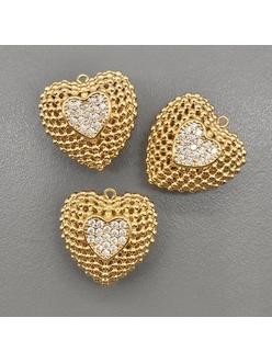 Подвеска 3D Сердце с фианитами, 22 мм, позолота