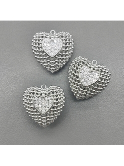 Подвеска 3D Сердце с фианитами, 22 мм, родий