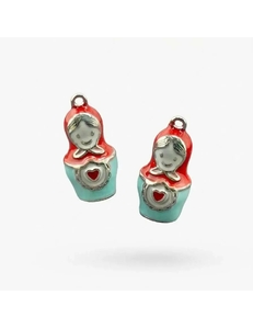 Подвеска Матрешка с красно-голубой эмалью, 10*20 мм, родий