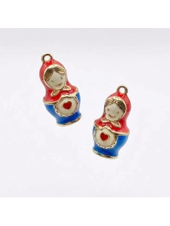 Подвеска Матрешка красно-синий с эмалью, 10*20 мм, позолота