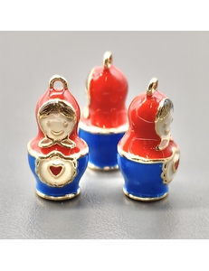 Подвеска Матрешка красно-синий с эмалью, 10*20 мм, позолота