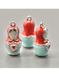Подвеска Матрешка с красно-голубой эмалью, 10*20 мм, родий