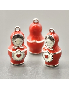 Подвеска Матрешка с красной эмалью, 10*20 мм, родий