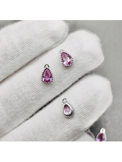 Подвеска Капля с фианитом, розовый, 5*8.5 мм, родий