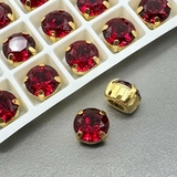Кристаллы в цапах Круг, 10 мм, красный, позолота
